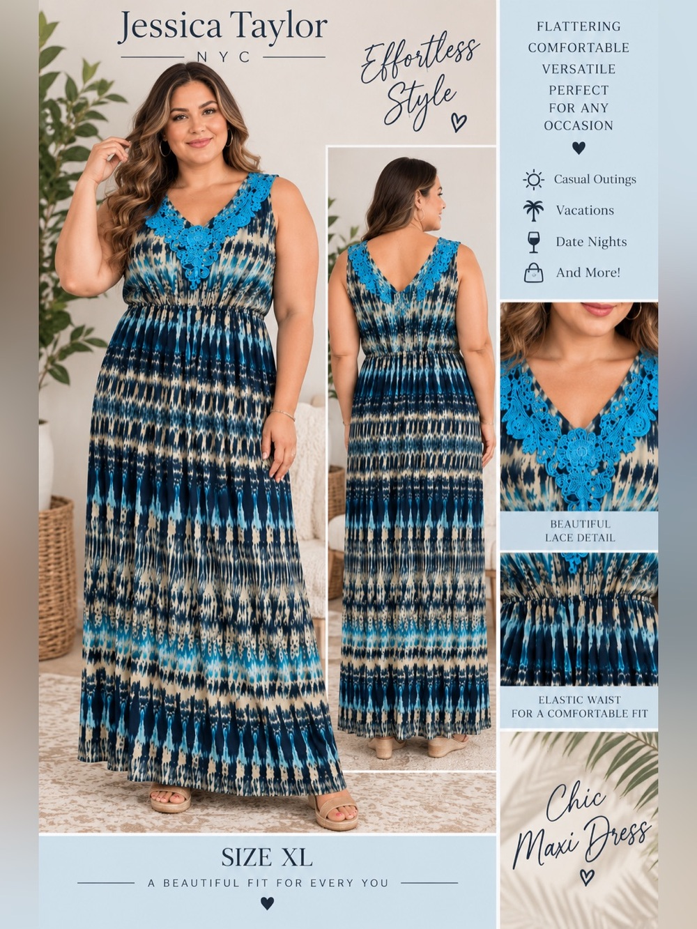 Jessica Taylor XL Blue Black & Tan Patterned Sleeveless Maxi Dress